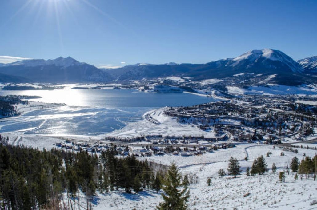Aerial view of Dillon and frozen Lake Dillon in winter